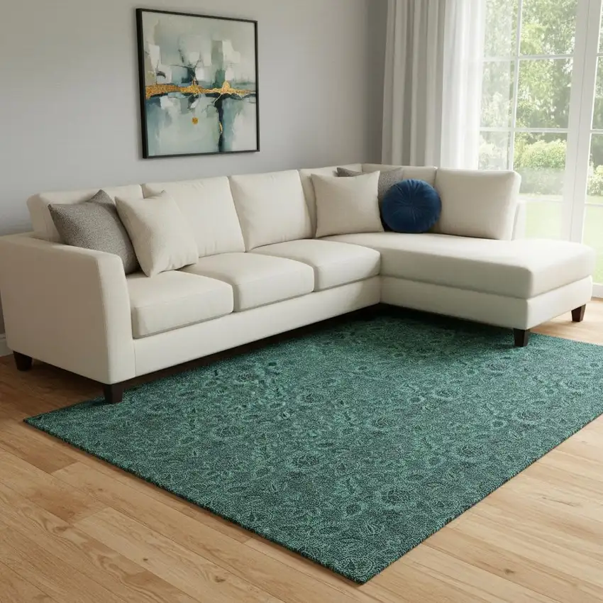 Teal And Charcoal Floral Washable Area Rug With UV Protection Photo 1