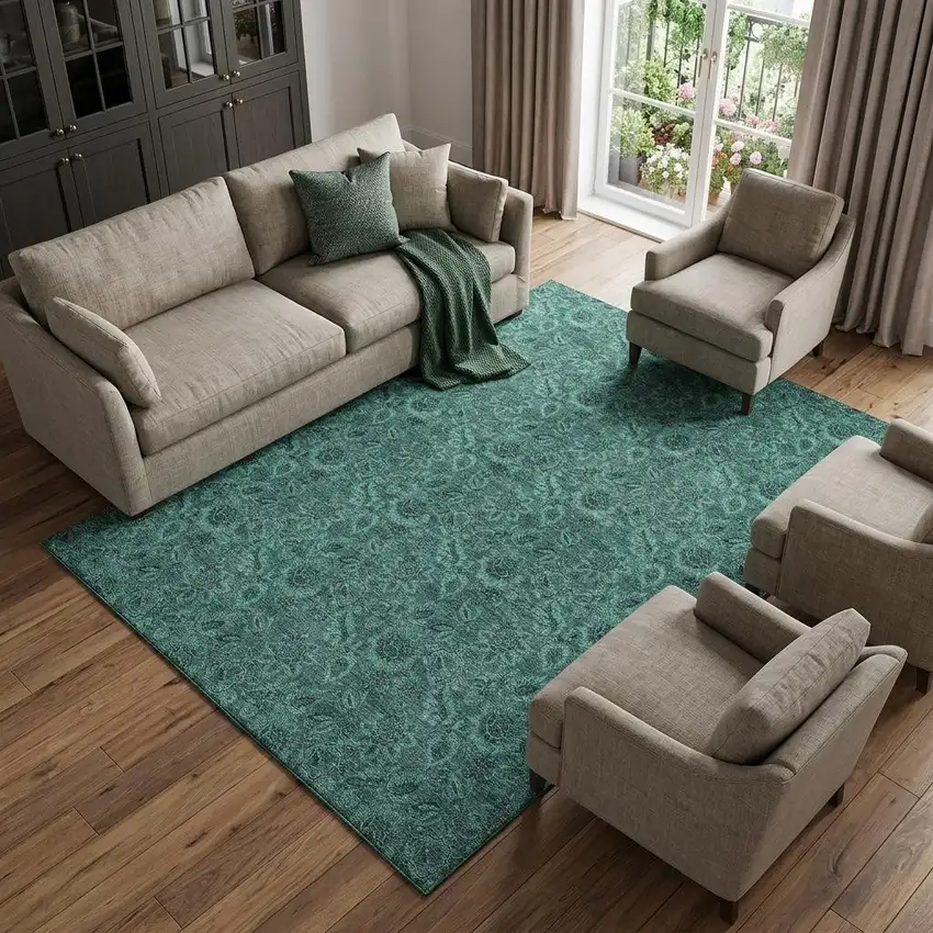 Teal And Charcoal Floral Washable Area Rug With UV Protection Photo 1