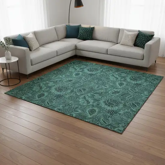 Teal And Charcoal Floral Washable Area Rug With UV Protection Photo 1