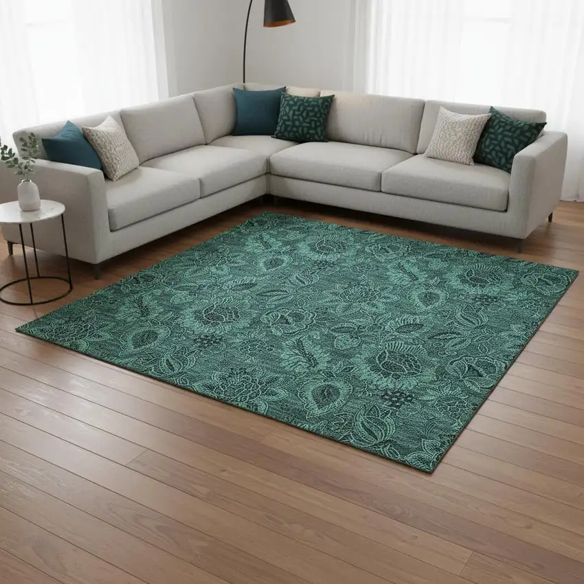 Teal And Charcoal Floral Washable Area Rug With UV Protection Photo 1