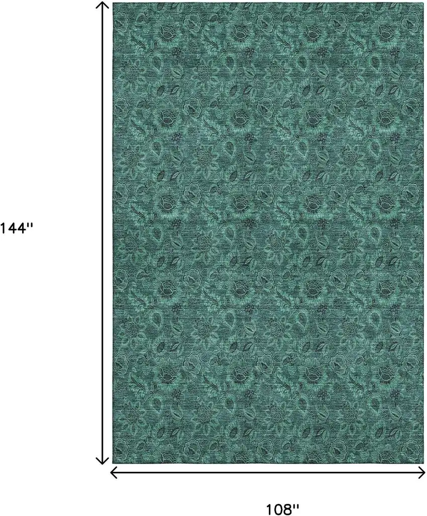 Teal And Charcoal Floral Washable Area Rug With UV Protection Photo 3