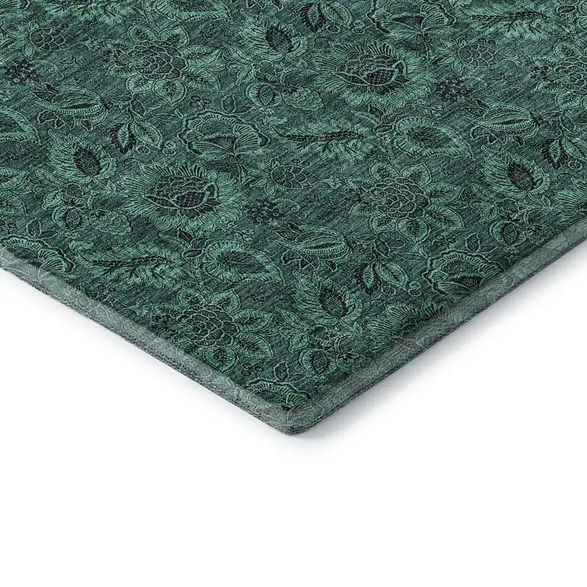 Teal And Charcoal Floral Washable Area Rug With UV Protection Photo 7