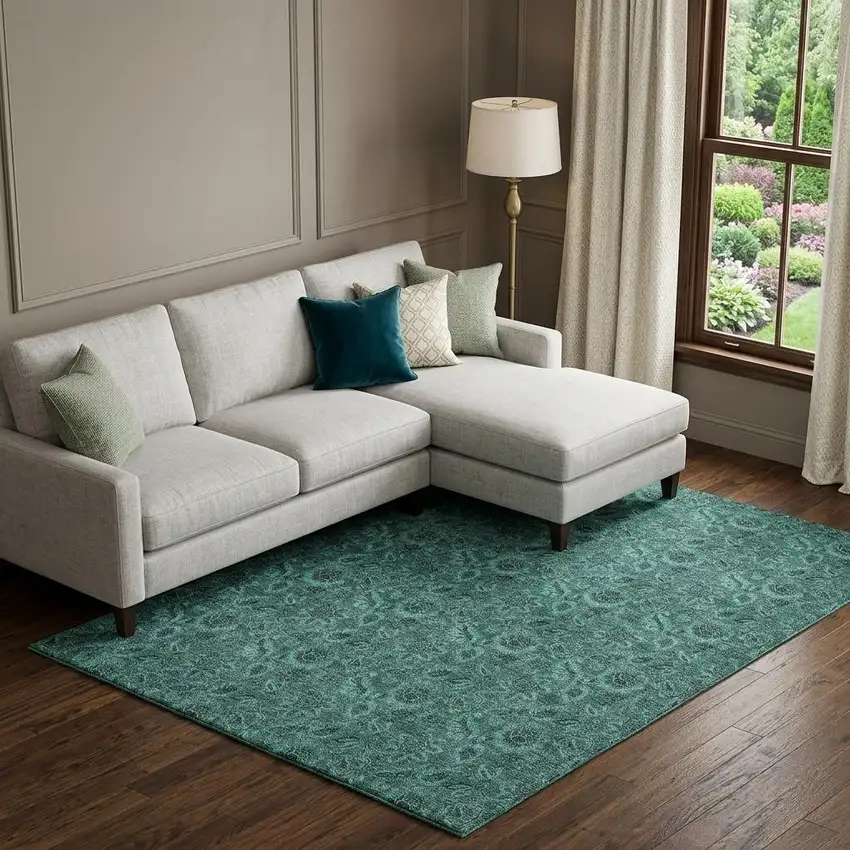 Teal And Charcoal Floral Washable Area Rug With UV Protection Photo 1