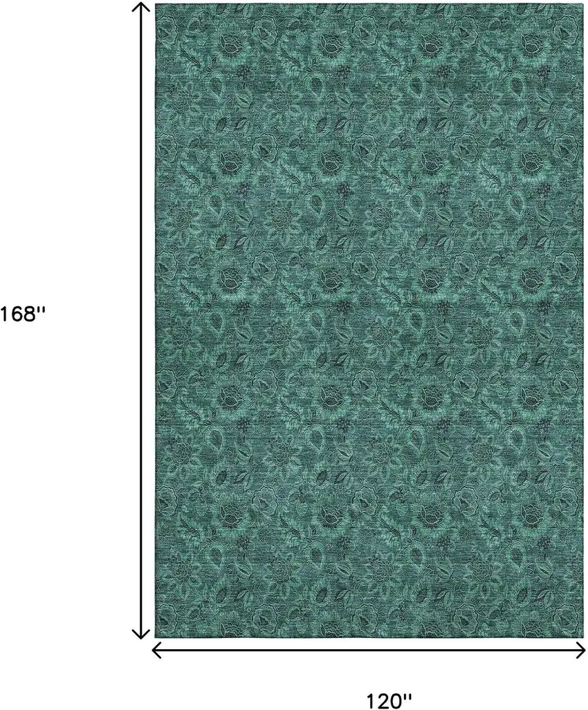 Teal And Charcoal Floral Washable Area Rug With UV Protection Photo 2