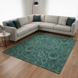 Photo of Teal And Charcoal Floral Washable Area Rug With UV Protection