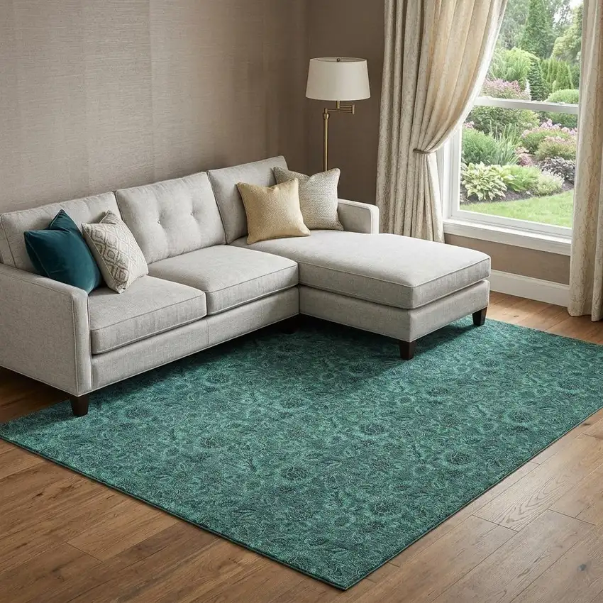 Teal And Charcoal Floral Washable Area Rug With UV Protection Photo 1