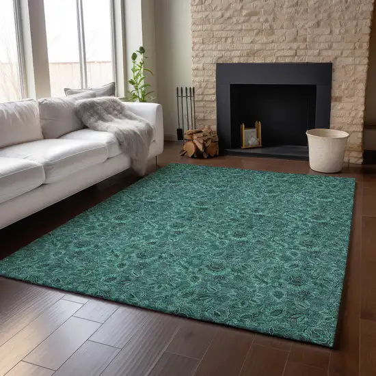 Teal And Charcoal Floral Washable Area Rug With UV Protection Photo 5