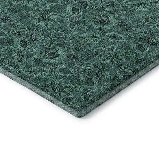Teal And Charcoal Floral Washable Area Rug With UV Protection Photo 8
