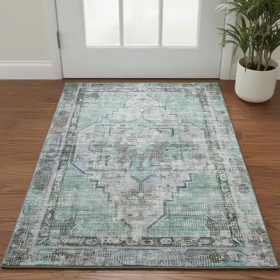 Teal And Charcoal Oriental Washable Area Rug With UV Protection Photo 2