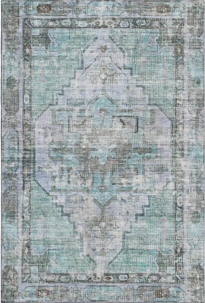 Teal And Charcoal Oriental Washable Area Rug With UV Protection Photo 1
