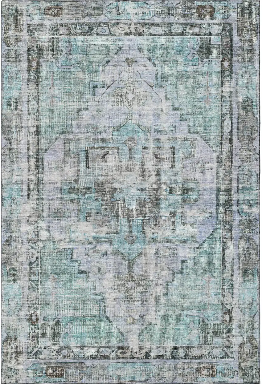 Teal And Charcoal Oriental Washable Area Rug With UV Protection Photo 3