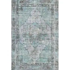 Photo of Teal And Charcoal Oriental Washable Area Rug With UV Protection