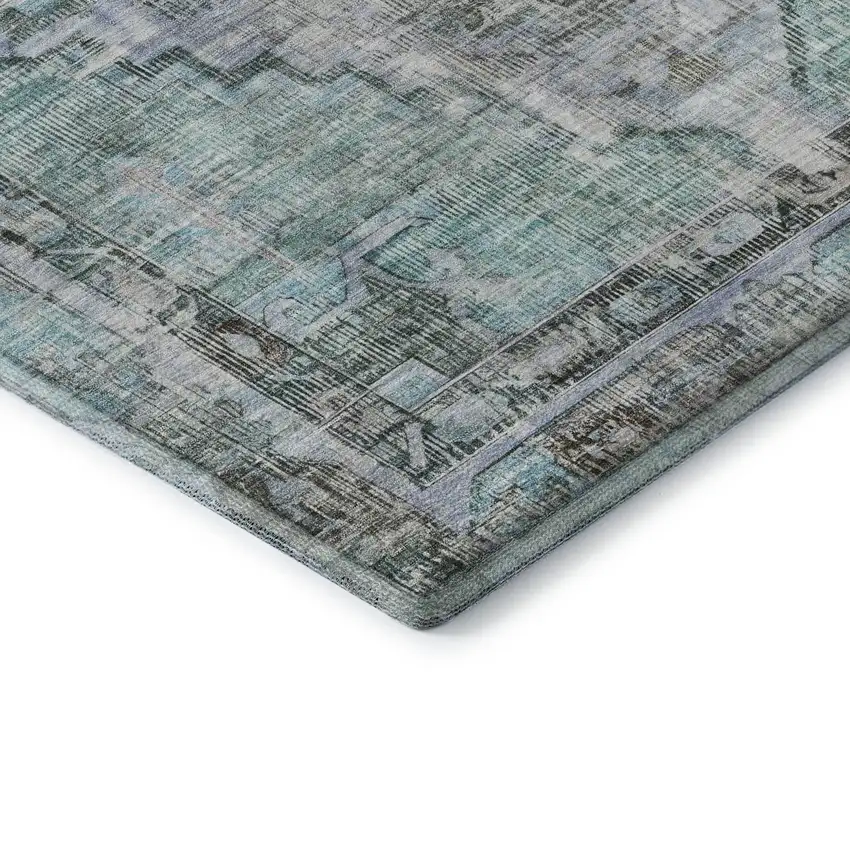 Teal And Charcoal Oriental Washable Area Rug With UV Protection Photo 7