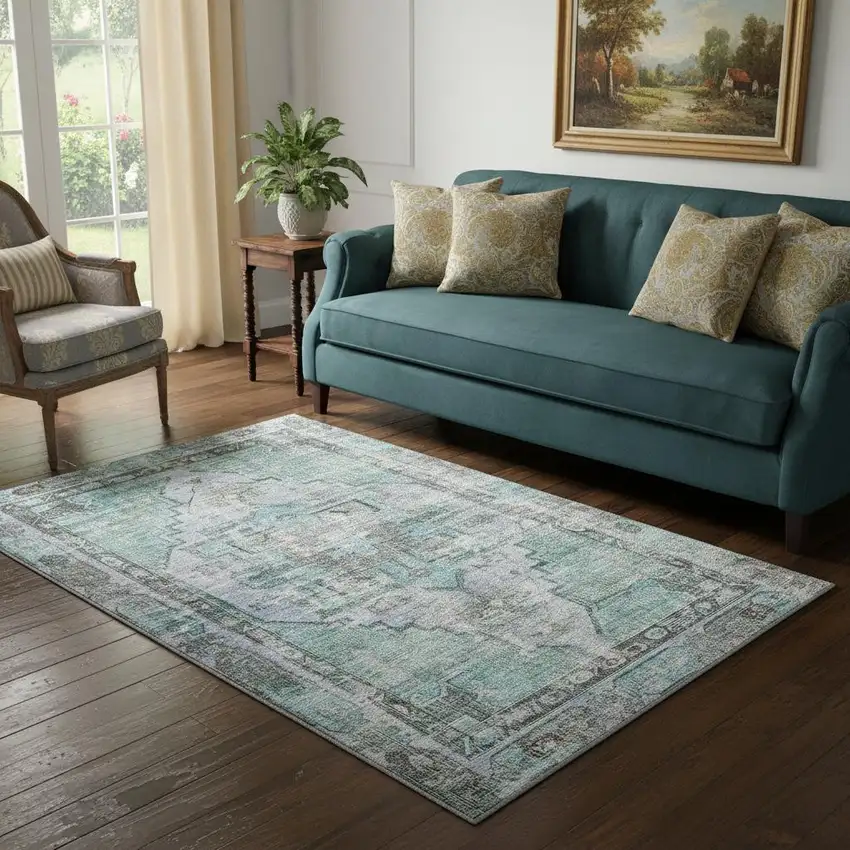 Teal And Charcoal Oriental Washable Area Rug With UV Protection Photo 2