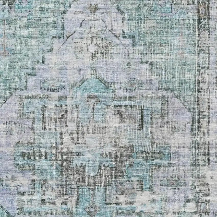 Teal And Charcoal Oriental Washable Area Rug With UV Protection Photo 2