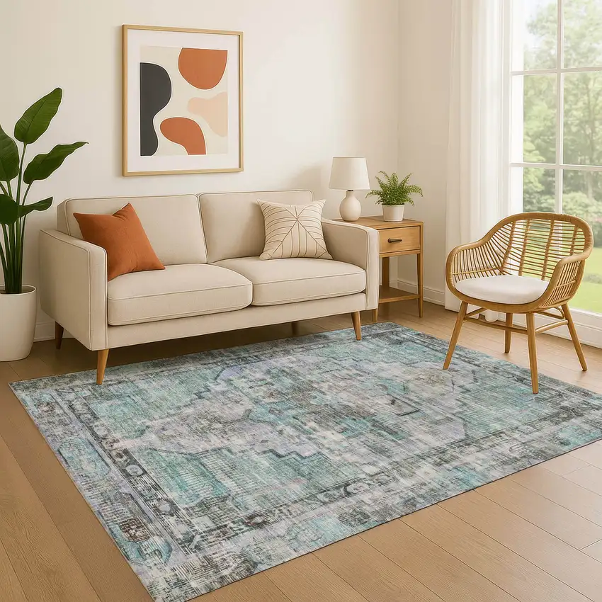 Teal And Charcoal Oriental Washable Area Rug With UV Protection Photo 4