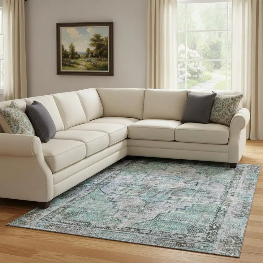 Teal And Charcoal Oriental Washable Area Rug With UV Protection Photo 2