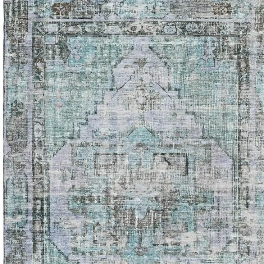 Teal And Charcoal Oriental Washable Area Rug With UV Protection Photo 3