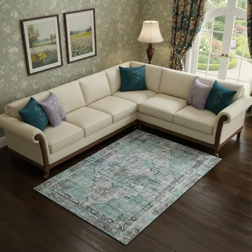 Teal And Charcoal Oriental Washable Area Rug With UV Protection Photo 2