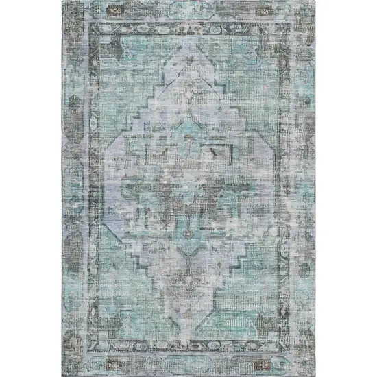 Teal And Charcoal Oriental Washable Area Rug With UV Protection Photo 1