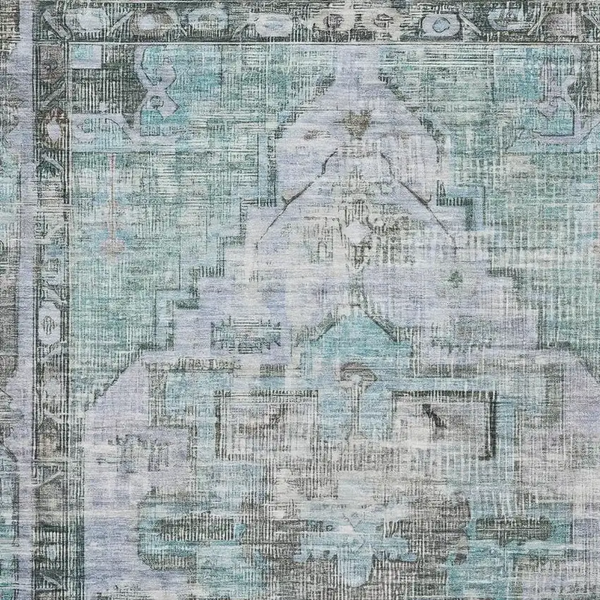 Teal And Charcoal Oriental Washable Area Rug With UV Protection Photo 2