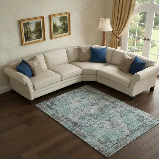 Teal And Charcoal Oriental Washable Area Rug With UV Protection Photo 2