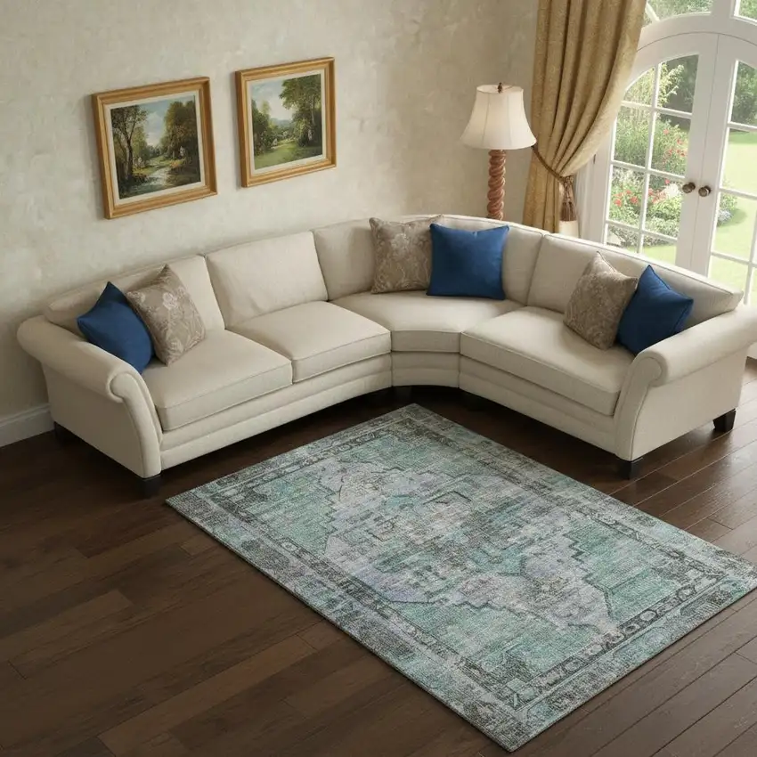 Teal And Charcoal Oriental Washable Area Rug With UV Protection Photo 2