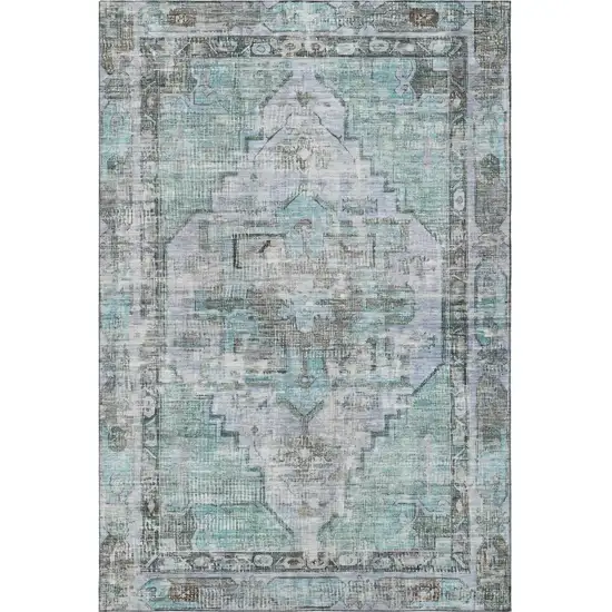 Teal And Charcoal Oriental Washable Area Rug With UV Protection Photo 3