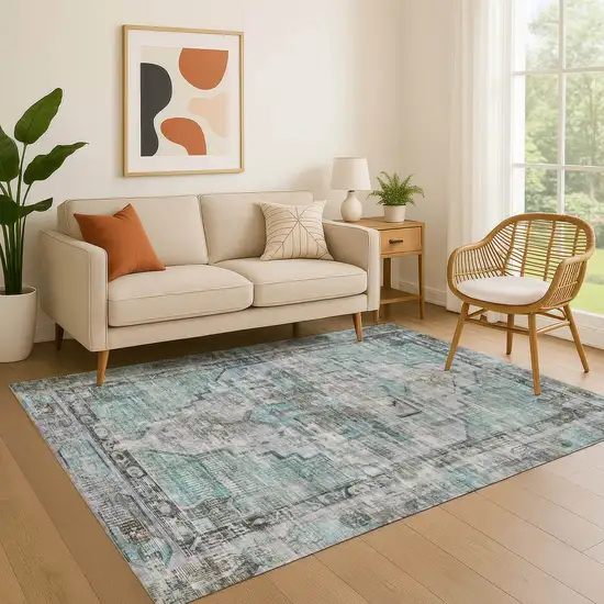 Teal And Charcoal Oriental Washable Area Rug With UV Protection Photo 4