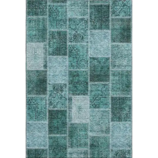 Teal And Charcoal Patchwork Washable Area Rug With UV Protection Photo 1