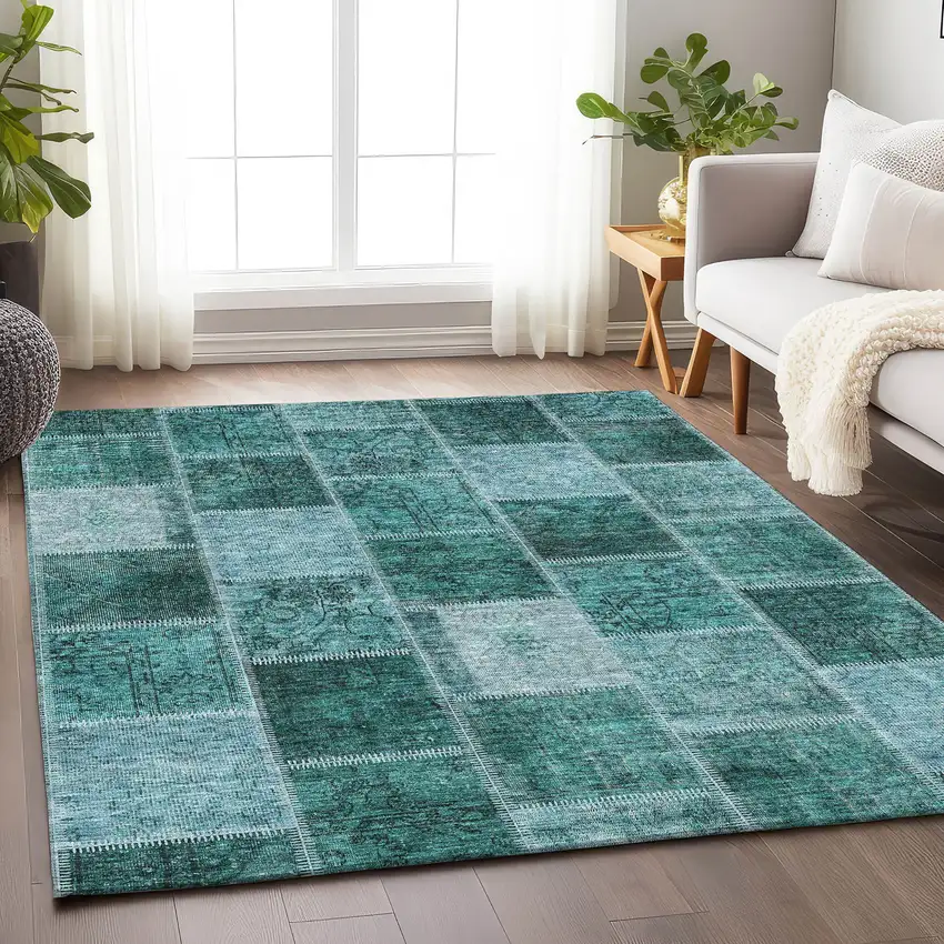 Teal And Charcoal Patchwork Washable Area Rug With UV Protection Photo 6