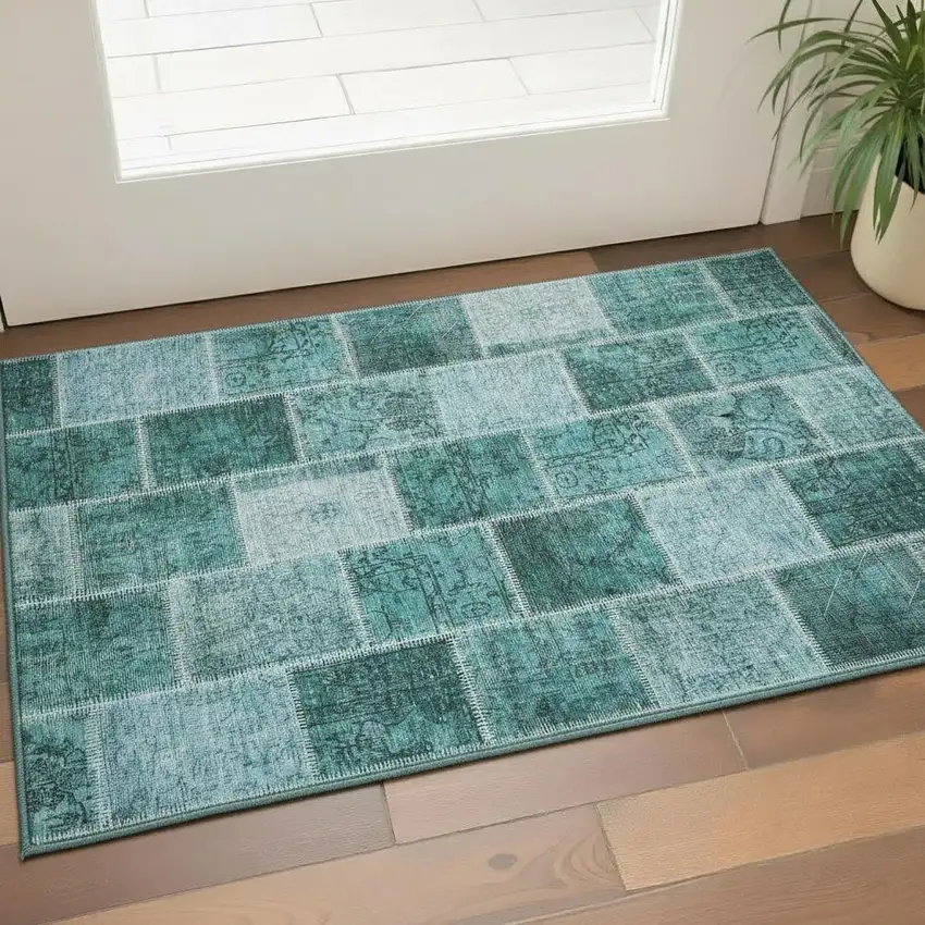 Teal And Charcoal Patchwork Washable Area Rug With UV Protection Photo 2