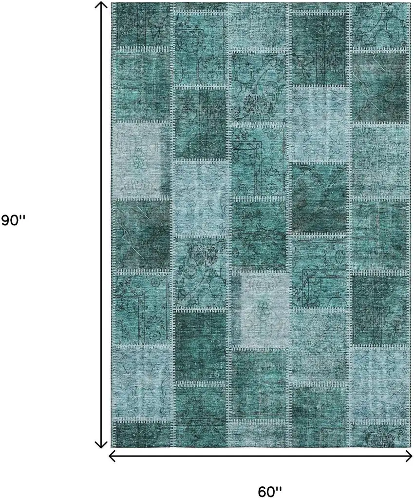 Teal And Charcoal Patchwork Washable Area Rug With UV Protection Photo 3