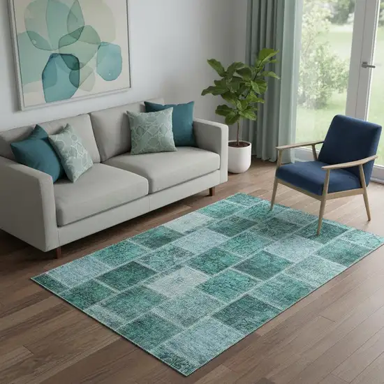 Teal And Charcoal Patchwork Washable Area Rug With UV Protection Photo 1