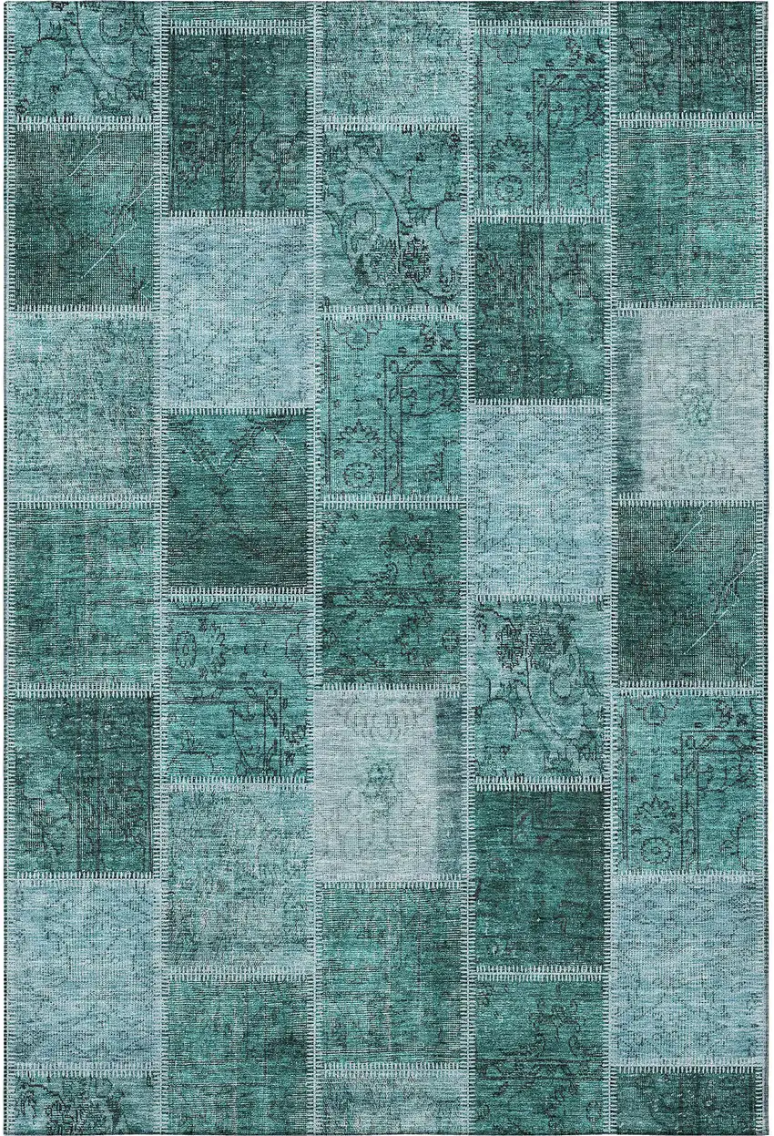 Teal And Charcoal Patchwork Washable Area Rug With UV Protection Photo 4