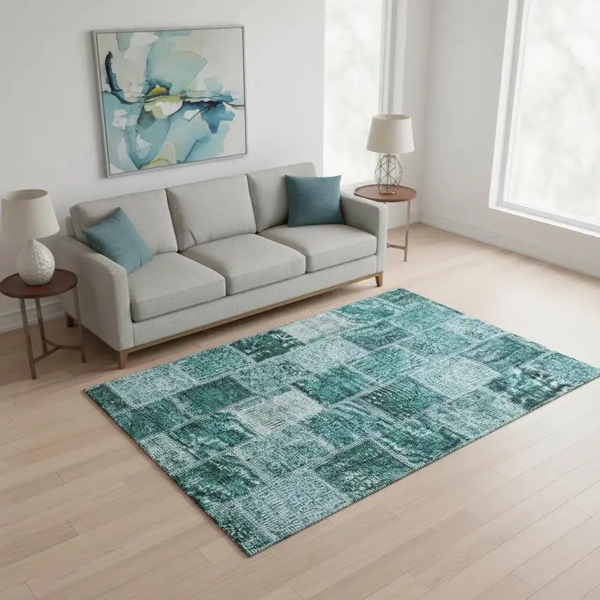 Teal And Charcoal Patchwork Washable Area Rug With UV Protection Photo 2