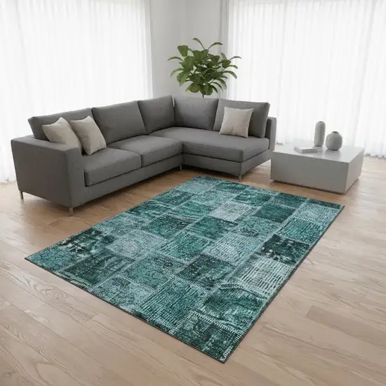 Teal And Charcoal Patchwork Washable Area Rug With UV Protection Photo 2