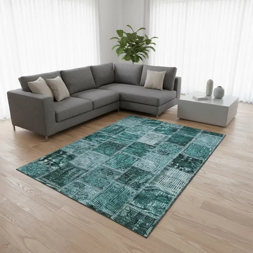 Teal And Charcoal Patchwork Washable Area Rug With UV Protection Photo 2