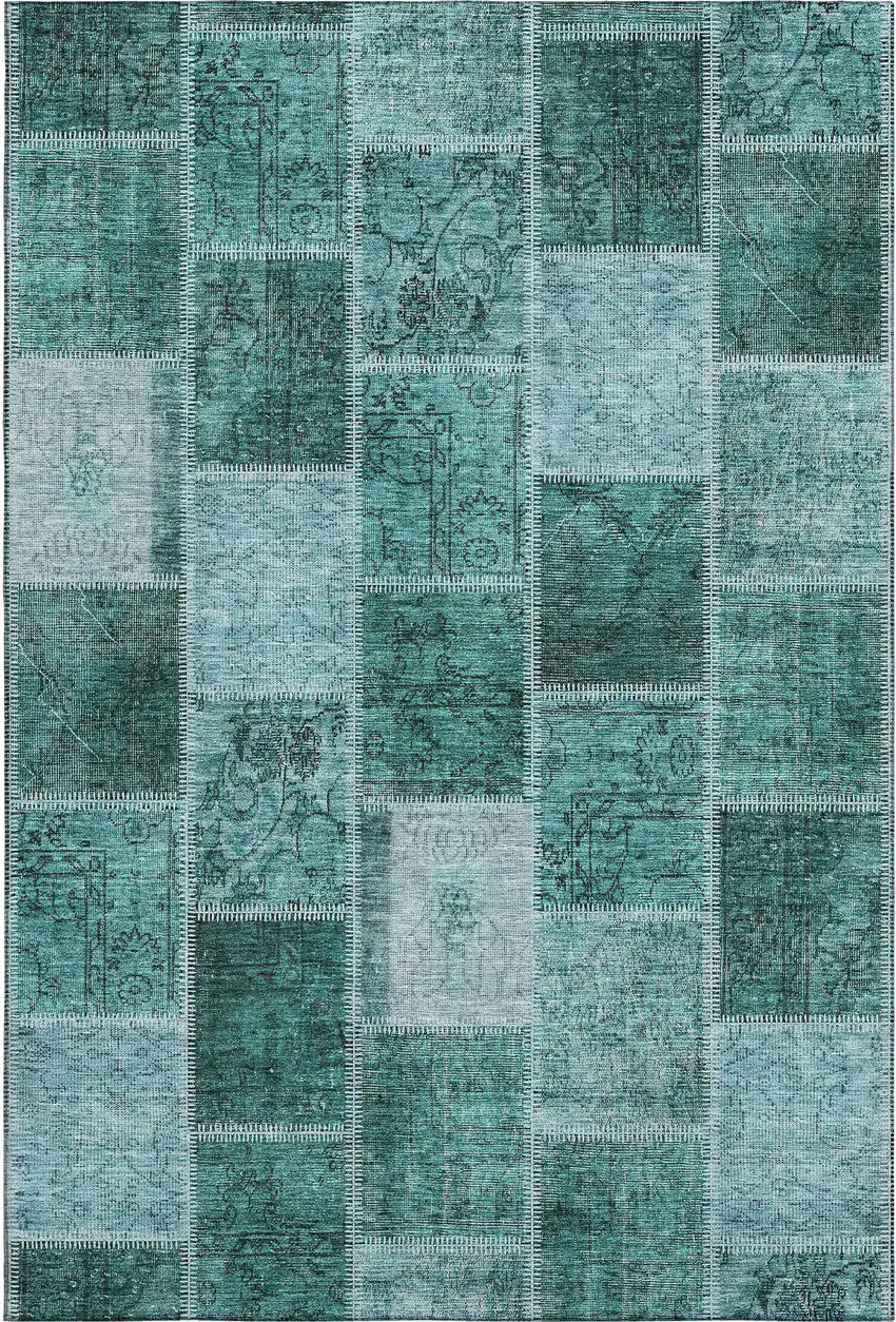 Teal And Charcoal Patchwork Washable Area Rug With UV Protection Photo 1
