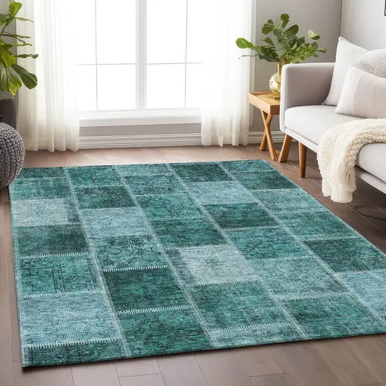 Teal And Charcoal Patchwork Washable Area Rug With UV Protection Photo 5