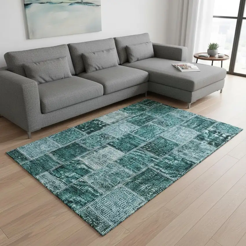 Teal And Charcoal Patchwork Washable Area Rug With UV Protection Photo 2