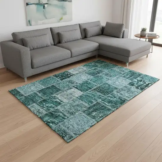 Teal And Charcoal Patchwork Washable Area Rug With UV Protection Photo 2