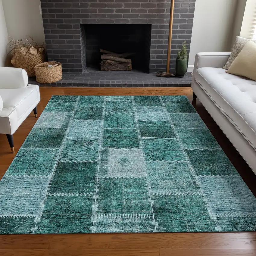 Teal And Charcoal Patchwork Washable Area Rug With UV Protection Photo 4
