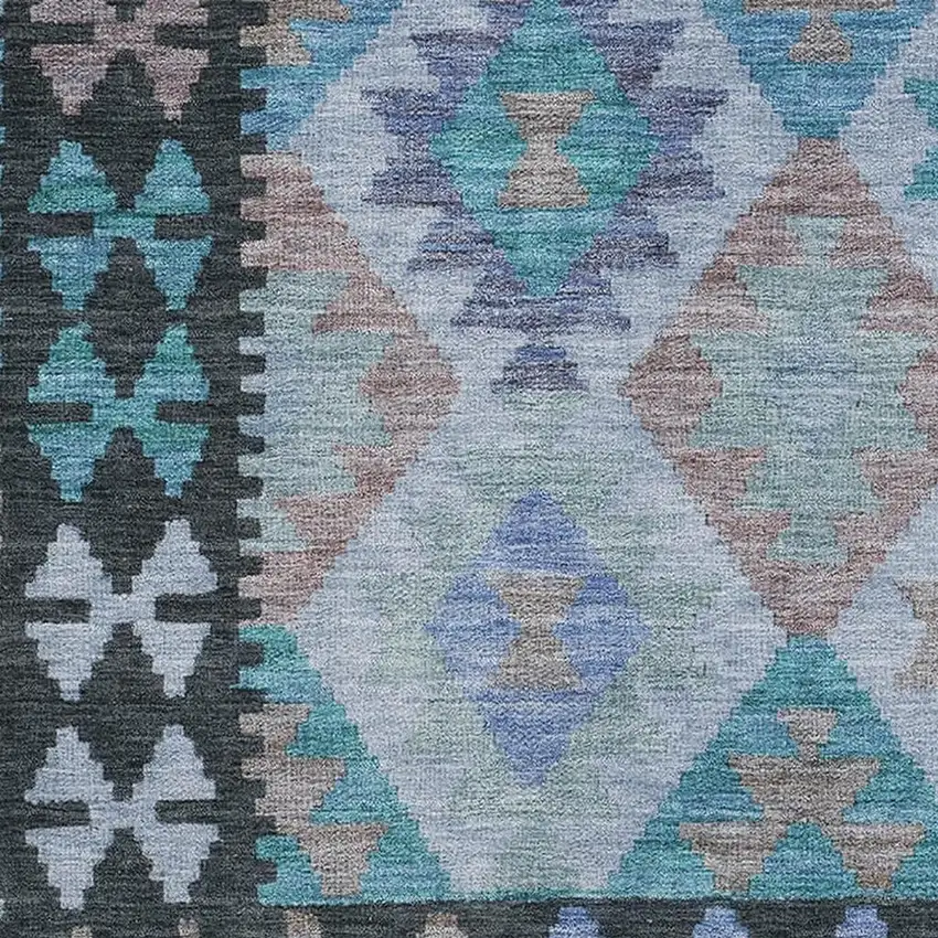 Teal And Charcoal Tribal Washable Area Rug With UV Protection Photo 3