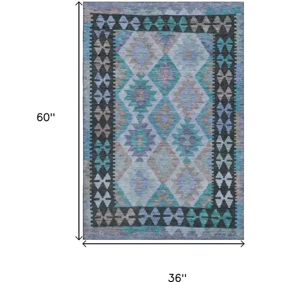 Teal And Charcoal Tribal Washable Area Rug With UV Protection Photo 9