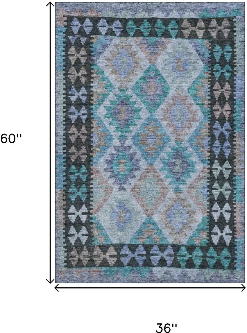 Teal And Charcoal Tribal Washable Area Rug With UV Protection Photo 9