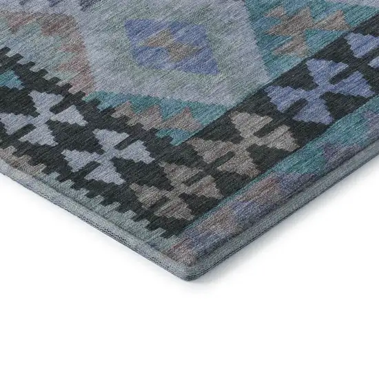 Teal And Charcoal Tribal Washable Area Rug With UV Protection Photo 8