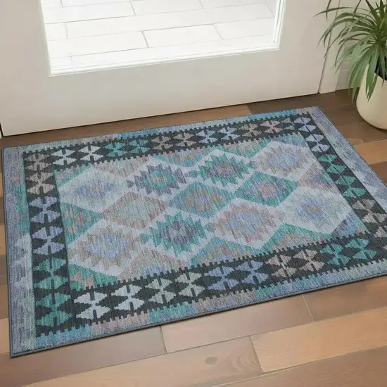 Teal And Charcoal Tribal Washable Area Rug With UV Protection Photo 2