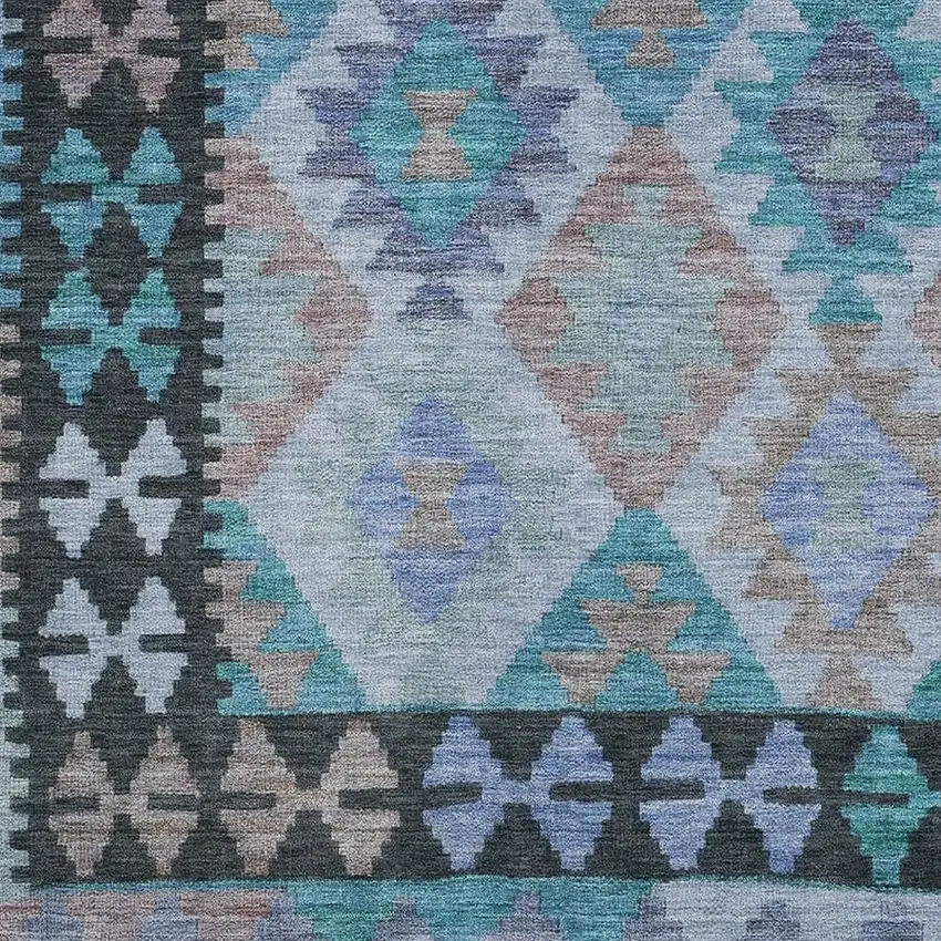 Teal And Charcoal Tribal Washable Area Rug With UV Protection Photo 4