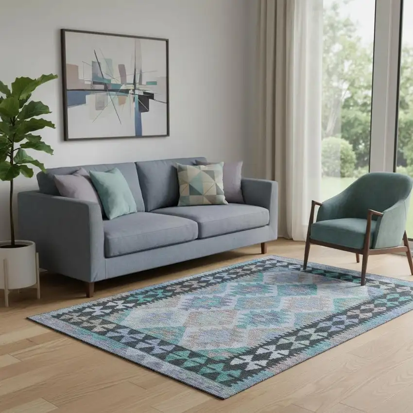 Teal And Charcoal Tribal Washable Area Rug With UV Protection Photo 2